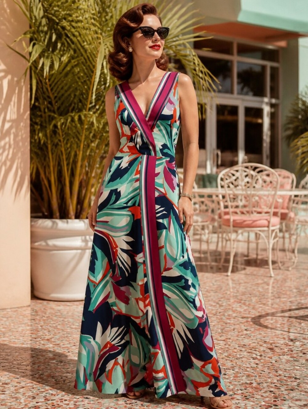 Pinch Colorblock V-Neck Dress in White and Magenta